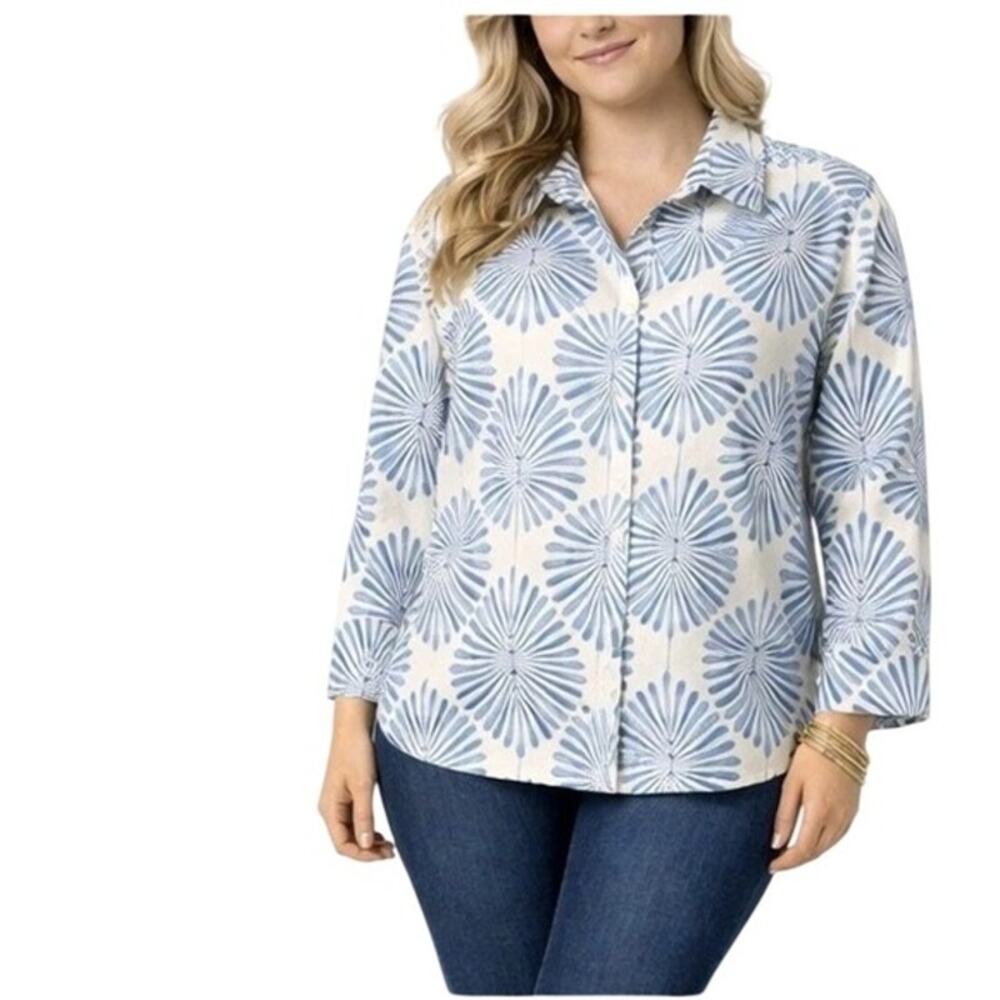 JOIE Blue & White‎ 100% Linen Palm Leaf  Long Sleeve Button Down Shirt Women's L